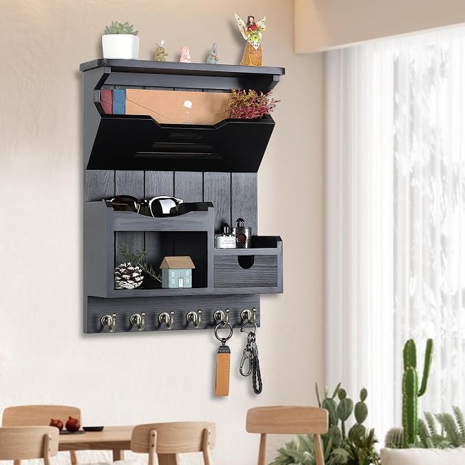 DOPACE Handcrafted Pine Wood Mail Organizer & Key Holder, Black | Hand-polished natural pine wood with storage drawer & 6 hooks, Fine spray paint finish, Easy wall mount - Image 6