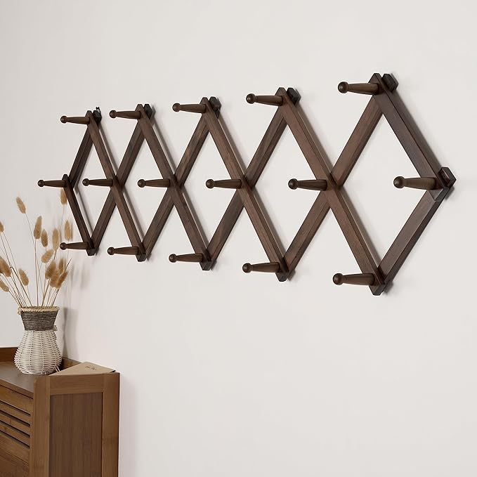 SKOLOO Accordion Wall Hanger with 16 Hooks, Modern Expandable Coat Rack Hat Rack for Wall, Solid Wooden, Walnut Color - Image 3