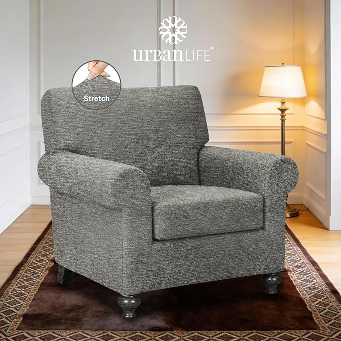 URBANLIFE 2-Piece Stretch Sofa Covers for 1 Cushion Couch, Light Gray | Super fitted spandex slipcovers for couches. Non-slip elastic bottom. Machine washable furniture protector for kids & pets. - Image 2