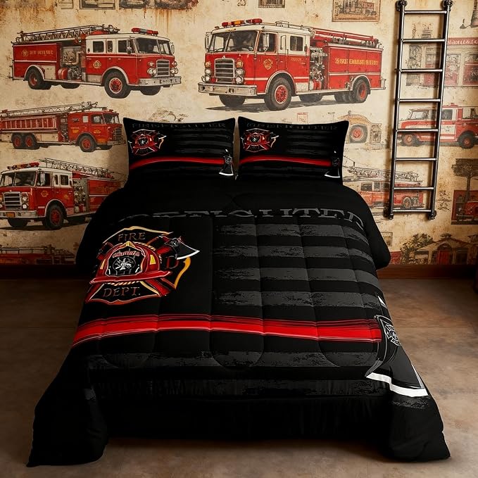 Firefighter Comforter Set Full Size,American Flag Geometric Stripes Bedding Set,Boys Girls Adults Room Decor,Fire Fighting Truck Tools Down Comforter,Red Black Fashion Duvet Insert,2 Pillowcases - Image 3