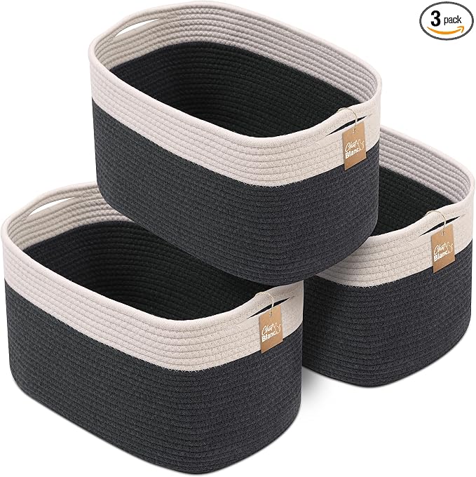 CHAT BLANC Cotton Rope Baskets for Organizing, Shelves, Toys, Storage, Shoe, Bathroom, Laundry, Towel, Nursery, Home Decor, Blanket, Cloth Woven Bins Fabric (Creamy White & Graphite, 15"x10"x9") by CHATBLANC