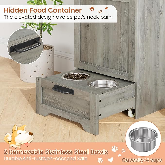 Dog Feeding Station with 2 Elevated Dog Bowls, Pet Feeding Station,Flip Top Pet Food Cabinet,Pet Food Container,Pet Toy Storage Organizer,Modern Storage Organizer,Grey - Image 4