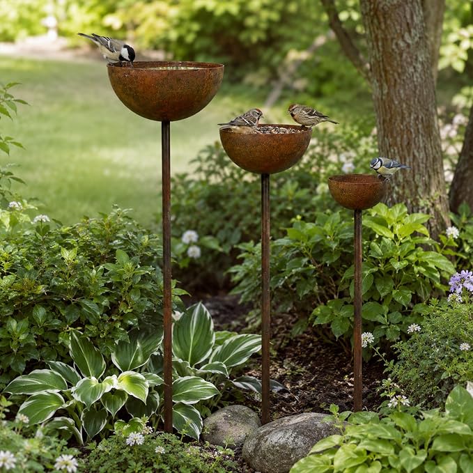 3 Pack Rustic Metal Bird Bath Stake Set for Outdoors, Garden Bird Bath Bowls with Ground Stakes, Bird Feeder Rain Catcher Wildlife Water Station for Birds, Bees & Butterflies - Image 9
