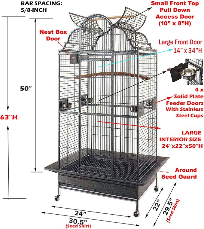 Large Elegant Wrought Iron Open Dome Play Top Bird Parrot Cage, Include Metal Seed Guard Solid Metal Feeder Nest Doors - Image 2