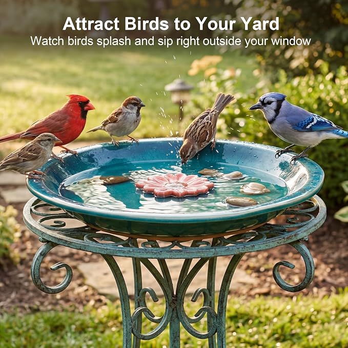 Topadorn 12.2'' Ceramic Birdbath & Birdfeeder for Small Birds Outdoors | 2" Depth Bird Bath Bowl For Vintage Garden Patio Yard Lawn Decor, Blue with Red Flower - Image 5