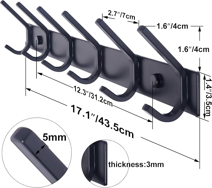 WEBI Coat Rack Wall Mounted,17-1/8 Inch Coat Hooks for Hanging Coats,Heavy Duty Metal Hook Rack Rail with 6 Double Dual Hooks Coat Hanger Wall Mount for Clothes Jacket,Black,2 Packs - Image 2