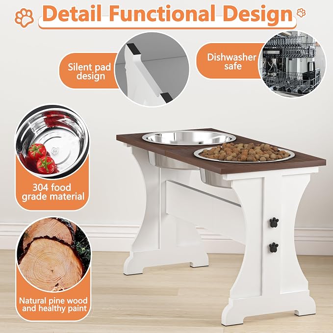 Piskyet Elevated Dog Bowls,Farmhouse Dog Bowls Stand, Raised Dog Bowl with 2 Stainless Steel Wooden Dog Bowl 12 Cups 15.7''H 90 OZ Bowl-Farmhouse Style - Image 6