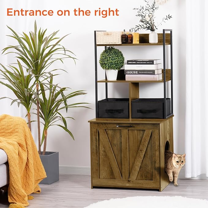Dwanton Litter Box Enclosure with 2 Storage Shelves and 2 Drawers, 2-in-1 Hidden Cat Litter Box Enclosure Furniture with Shelf, Reversible Entrance, Washable Drawers, 50-Inch, Warm Brown - Image 2
