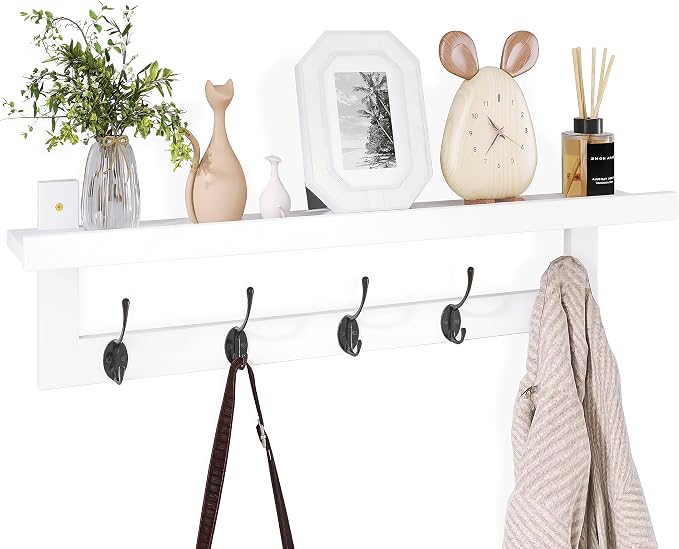 SMIBUY Coat Hooks with Shelf Wall-Mounted, 29.2 Inch Entryway Coat Rack for Wall, Bamboo Hanging Shelf with 5 Double Metal Hooks for Bathroom, Bedroom, Kitchen, Living Room (White + Black) by SMIBUY