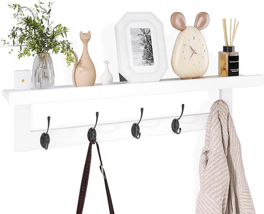 SMIBUY Coat Hooks with Shelf Wall-Mounted, 29.2 Inch Entryway Coat Rack for Wall, Bamboo Hanging Shelf with 5 Double Metal Hooks for Bathroom, Bedroom, Kitchen, Living Room (White + Black) by SMIBUY
