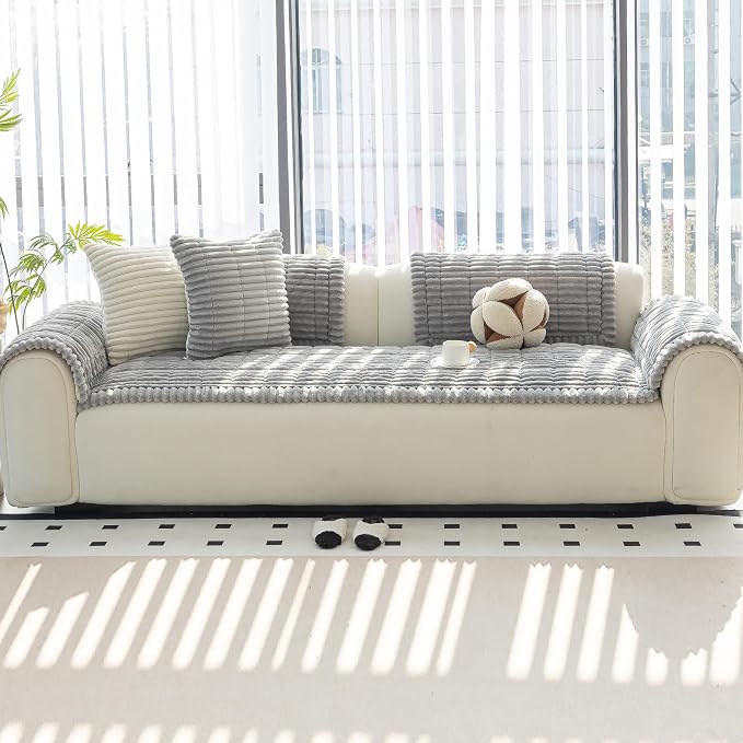 Sofa Couch Cover, Sofa Covers for Dogs Washable, Non-Slip Striped Sofa Slipcovers for Sectional Sofa, Sofa Cover Furniture Protector for L Shaped(Light Grey, 27.6"x 70.9") - Image 7