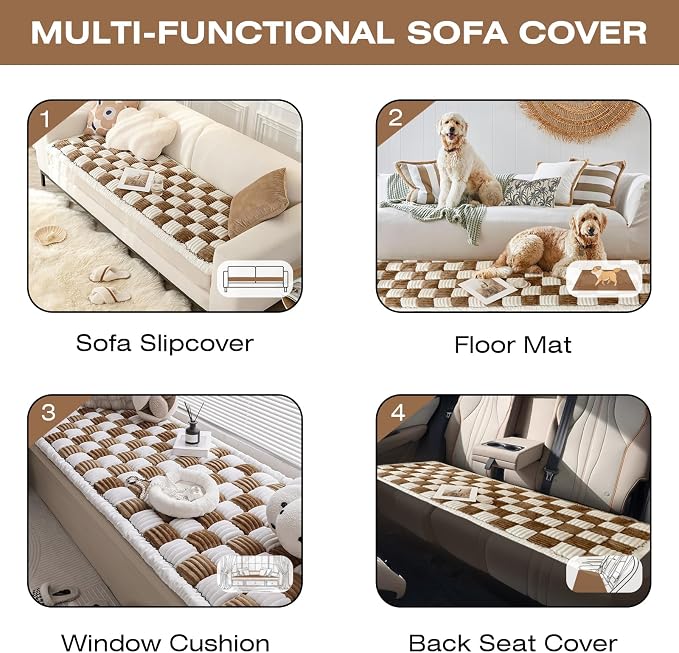 Fuzzy Couch Cover for Dog, Modern White Brown Checkered Couch Cushion Cover | Non Slip Couch Cover for 3 Cushion Couch Sofa Pet Friendly, Washable Sofa Cover Durable Anti-pilling Furniture Protector - Image 7