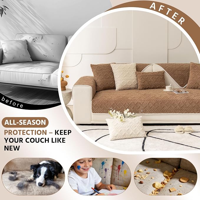 OTOB Couch Covers for Dogs Washable, Non Slip Geometric Jacquard Plush Sofa Slipcovers Furniture Protector, All Seasons Pet Couch Covers for 3 Cushion Couch Sofa, 1 Piece (Coffee, 35.4"x82.7") - Image 2