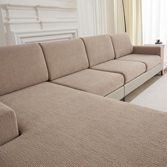 Couch Cushion Covers for Sectional Sofa Stretch Sofa Slipcovers Washable Wear-Resistant Sectional Couch Covers L Shaped Seats Furniture Protectors for Pets(Khaki, 3 Seater+1 Chaise) by Jialudora