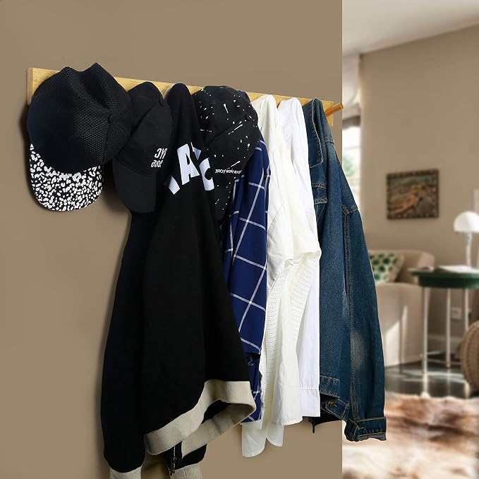 WEBI Coat Rack Wall Mounted, 10 Hooks, 38" Long Coat Hanger Wall Mount, Peg Rail Hat Hooks for Hanging Caps, Jackets, Clothes, Natural, 2 Packs - Image 7