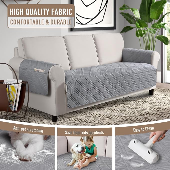 TAOCOCO Waterproof Couch Covers for Pets Dogs with Non Slip Backing, Sofa Seat Covers with Side Pocket for 3 Cushion Couch Washable Dog Couch Cover Protector Sofa Slipcovers(Sofa Plus, Light Gray) - Image 4