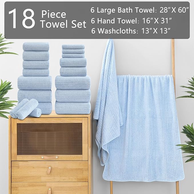 Ycosy 18 Piece Bath Towels Set,100% Microfiber Family Bathroom Towel with Hanging Loops-6 Bath Towels,6 Hand Towels,6 Washcloths,Quick Dry Highly Absorbent Shower Towel for Bathroom,Hotel,Spa-Blue - Image 2
