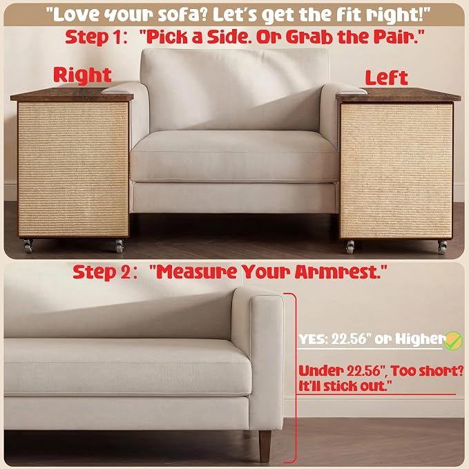 2-in-1 Cat Scratch Couch Side Table with Wheels,Couch Protector from Cat Claws,Sofa Narrow End Table with Natural Sisal Cat Scratch Panel for Living Room (Rustic Brown, Right) - Image 3