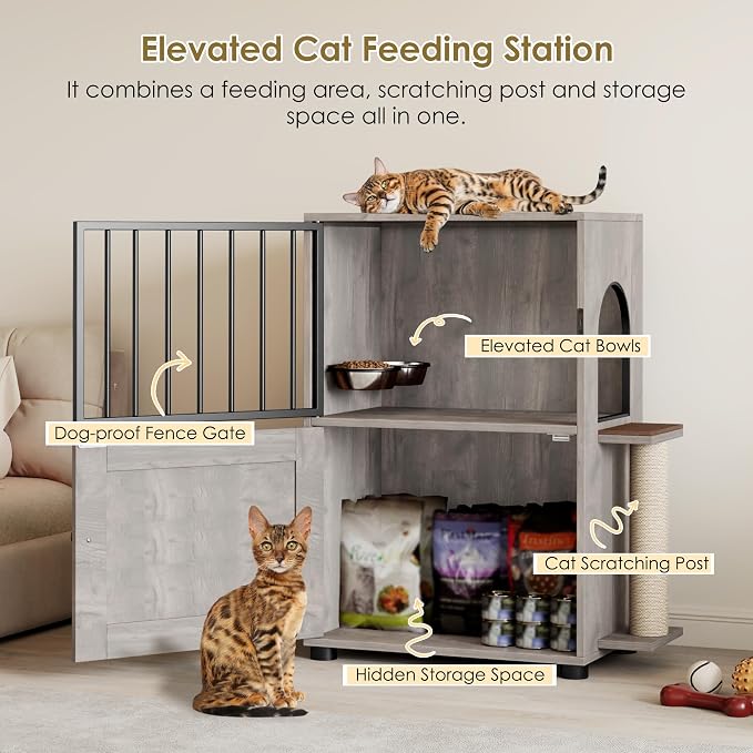 Dog Proof Cat Feeding Station, Dog Proof Cat Feeder, Cat Food Table, Gray | Cat Feeding Station with Scratching Post, Elevated Cat Food Bowls with Stand, Pet Food Storage Cabinet, Cat House - Image 4