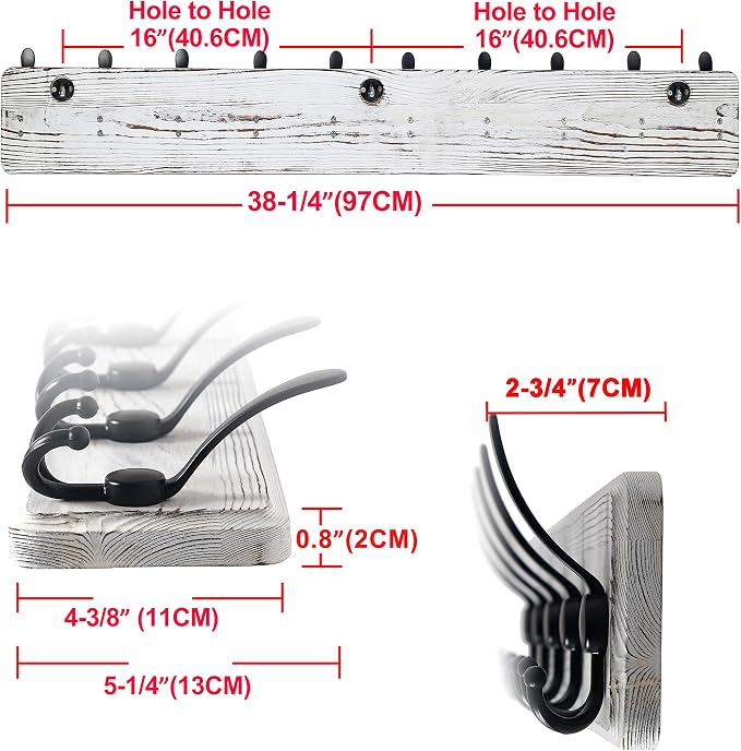 Dseap Coat Rack Wall - Heavy-Duty 38-1/4" Long, with Reinforced 10 Custom Tri-Hooks, Solid Wood Wall Hanger for Coats Hat Jackets - Rustic Farmhouse Entryway Hallway Storage, White & Black - Image 5
