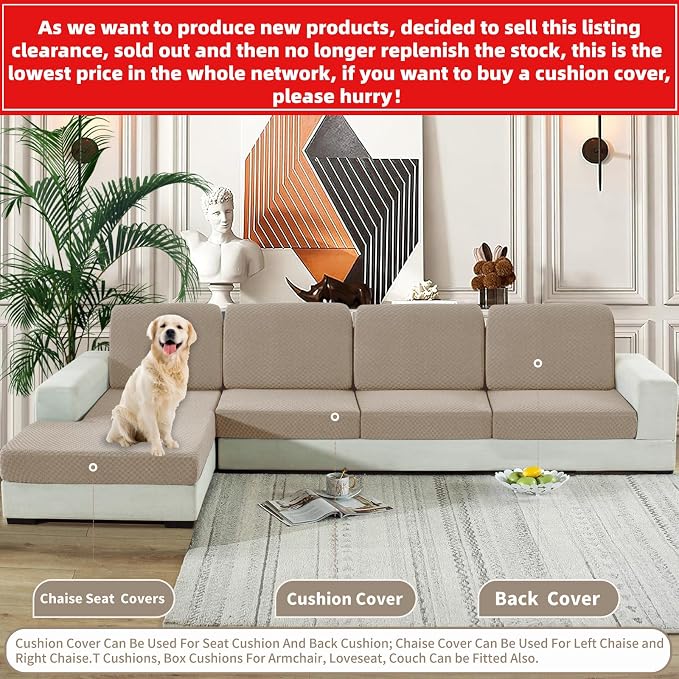 YEMYHOM Stretch Individual Cushion Covers Sofa Seat Cushion Slipcovers Soft Couch Cover Replacement Large Checkered Furniture Protector with Elastic Bottom (3 Pc Cushion Cover, Khaki) - Image 2