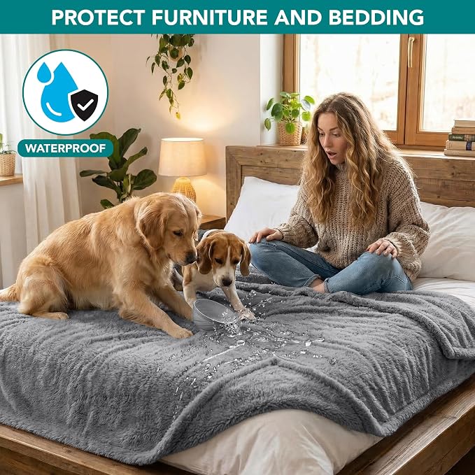 PetAmi Fluffy Waterproof Dog Blanket for Couch and Bed, Reversible Sherpa Pet Throw, Pee Proof Furniture Protector Sofa Cover, Washable Cat Blanket for Medium Large Dogs and Cats (Light Grey, 60x80) - Image 2