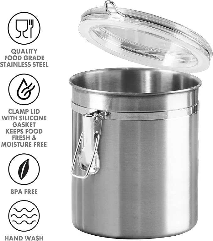 Oggi Set of 4 Stainless Steel Kitchen Canisters - Airtight Clamp Lid, Clear See-Thru Top - Ideal for Kitchen Storage, Food Storage, Pantry Storage - Includes 1 each: 26oz, 36oz, 47oz, 62oz. - Image 3