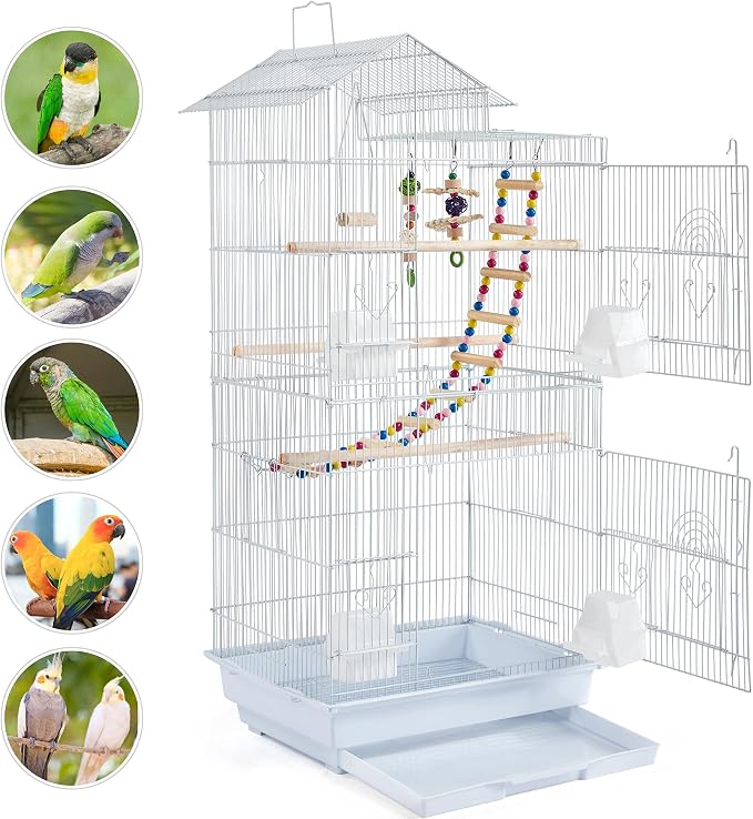 Yaheetech 39-inch Roof Top Medium Parakeet Bird Cages for Cockatiels Conures Finches Budgies Canaries Lovebirds Parakeets Green Cheek Small Birds Parrots, Travel Flight Birdcage w/Toys, White - Image 3