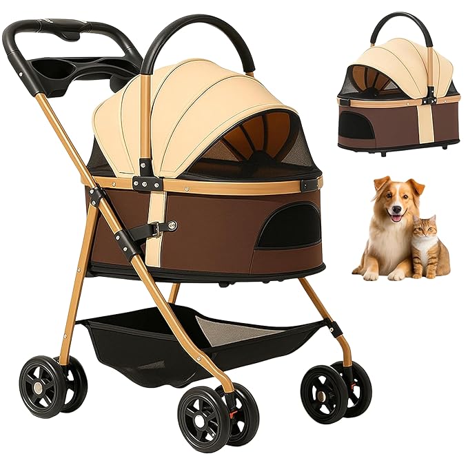 Pet Stroller for Small Dogs & Cats, Foldable for Small/Medium Dog Cat to 50 lbs, Removable Carrier, Storage Basket, Cup Holder, 3-in-1 Multifunctional Detachable (Black)