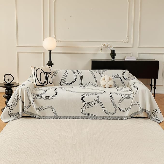 MEETSKY Boho Couch Cover Sofa Covers, Chenille Black Line Couch Covers for 2 Cushion Couch Sofa for Dogs, Washable Slipcover for Cat Sofa Protector with Tassels,71" x 118" by MEETSKY