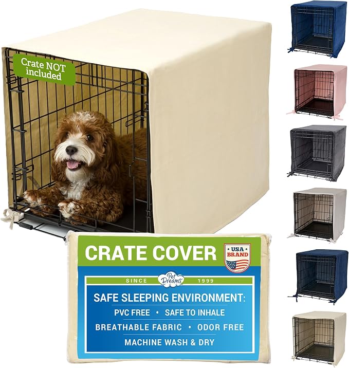 Pet Dreams Dog Crate Cover - Breathable Fabric Kennel Topper for Single-Door Crates, Fits iCrate Dog Cages 18, 24, 30, 36, 42, 48 Inches (Khaki, Large, 36") by PetDreams