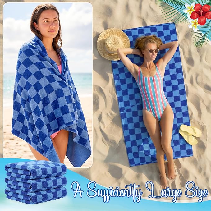 Peryiter 6 Pcs Oversized Microfiber Beach Towels Sand Free Quick Dry Large Pool Towels Absorbent Camping Travel Blanket Set for Women Men Bath Beach(Checkered, 36 x 72 Inch, Navy Blue) - Image 5