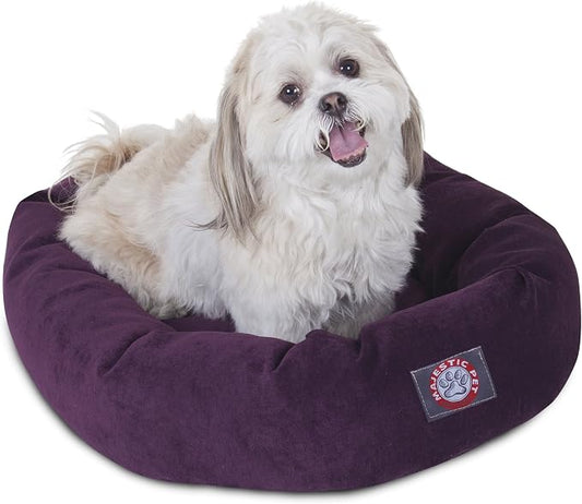 Majestic Pet 24 Inch Micro Velvet Calming Dog Bed Washable – Cozy Soft Round Dog Bed with Spine for Head Support - Fluffy Donut Puppy Mat 24x19x7 (inch) Small – Aubergine by MajesticPet