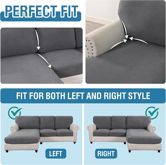 H.VERSAILTEX Sectional Couch Covers 6 Pieces Stretch Sofa Covers for Sectional Sofa Set Separate L Shaped Couch Cover for Both Left/Right Couch (Seat and Back: 1 Chaise + 2 Sofa, Grey) - Image 5