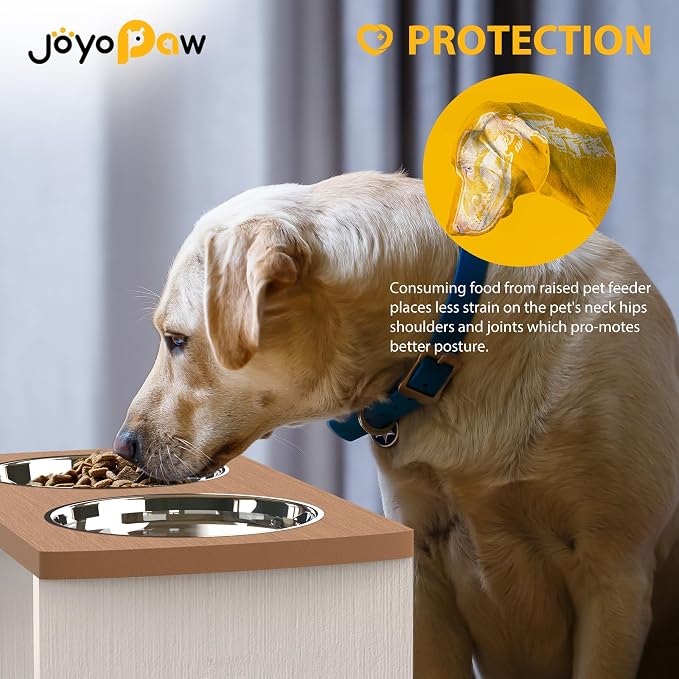 Elevated Dog Bowls, Waterproof Raised Dog Bowl for Medium & Large Dogs, HIPS Poly Lumber Stand with 2 Stainless Steel Bowls, Indoor & Outdoor Use (13'' Tall–68 oz Bowl, Teak - White) - Image 3
