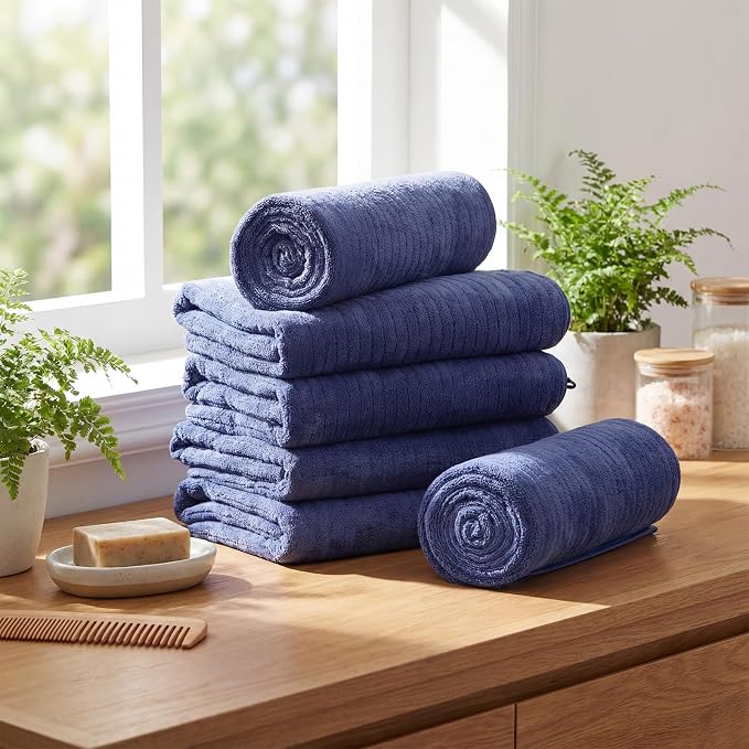 SmoothNovelty 16 Pack Microfiber Bath Towels Bulk 27'' x 60'' Oversized Size Bath Towel Highly Absorbent Extra Large Soft Drying for Beach Shower Summer Salon Sport Gym Party (Stripe,Dark Blue) - Image 4