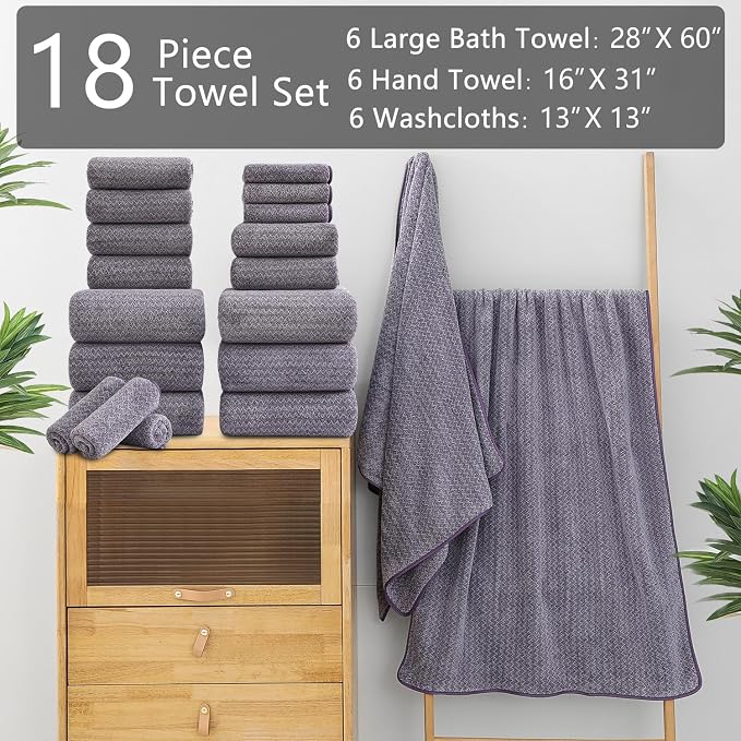 18 Piece Bath Towels Set,100% Microfiber Family Bathroom Towel with Hanging Loops-6 Bath Towels,6 Hand Towels,6 Washcloths,Quick Dry Highly Absorbent Shower Towel for Bathroom,Hotel,Spa-Dark Purple - Image 2