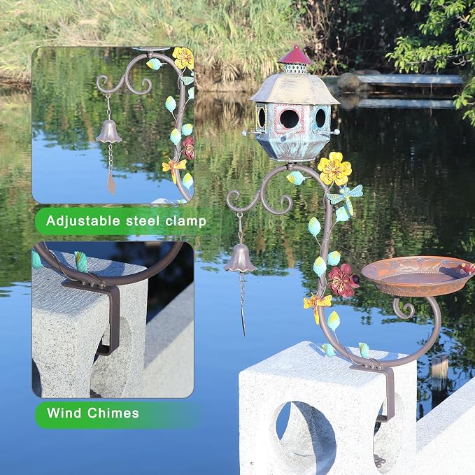 Deck Bird Bath, Metal Bird Bath and Bird Houses, Deck Mounted Bird Bath | Detachable and Adjustable Sturdy Deck Bird Bath for Outdoor Porch Yard Garden Decoration - Image 2