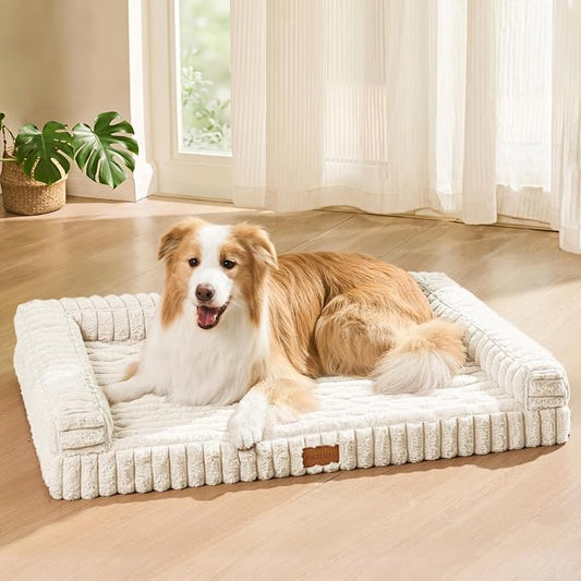 Orthopedic Calming Large Dog Bed Pet Sofa Bed 48''X30'' Ivory | 3-Sided Pet Couch Large Sized Dog, Soft Egg-Crate Foam Dog Mat, Waterproof Removable Washable Cover, Nonskid Bottom Cat Bed by Unknown