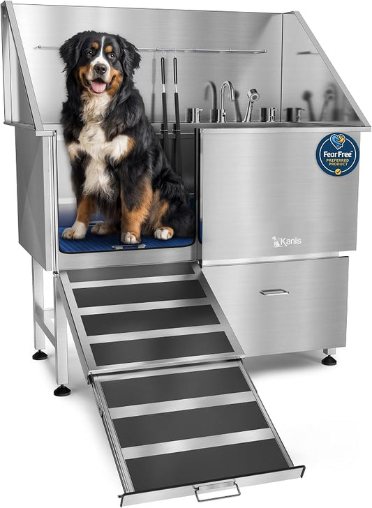 KANIS Professional Dog Washing Station 304 Stainless Steel Pet Wash Sink | Grooming Bathtub w/Shower, Floor Grates and Storage for Large, Medium & Small Pets (Silver, 50 Inches, Left Ramp, 1 Drawer) by KANIS
