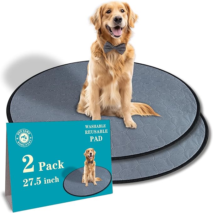 Bunlitent Washable Pee Pads for Dog, 2 Pack, 27.5 Inch Round, Grey | Reusable, Non-Slip, Waterproof, Fast Absorbent, For Dogs, Cats, Suitable For 35-39 Inches Dog Bed, Reusable Puppy Pads by Bunlitent