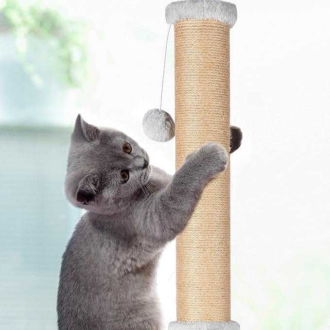 FluffyDream 37'' Cat Scratching Post, Natural Sisal Rope Scratcher with Dangling Teaser Ball and Covered with Soft Plush for Kittens and Adult Cats, Sand Color - Image 8