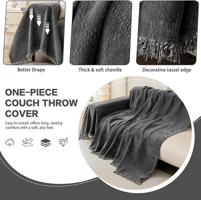 DREAMINGO Modern Chenille Couch Cover Blanket Washable Sofa Covers for 3 Cushion Couch Diamond Weave Textured Furniture Protector for Dogs Soft Dark Grey Couch Throw Cover, XX-Large 71"x150" - Image 3