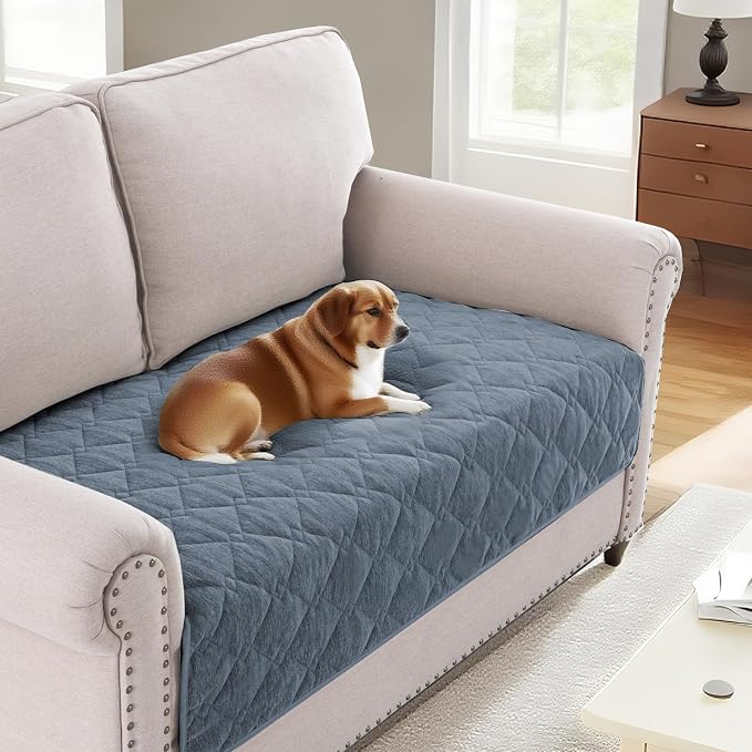 H.VERSAILTEX Couch Cover Chenille Pet Fuzzy Sofa Covers for 2 Cushion Couch Anti Slip Washable Sofa Slipcovers with Strap Soft Couch Protector Cover for Dogs Cats Kids(34.5" x 63", Stone Blue) by HVERSAILTEX