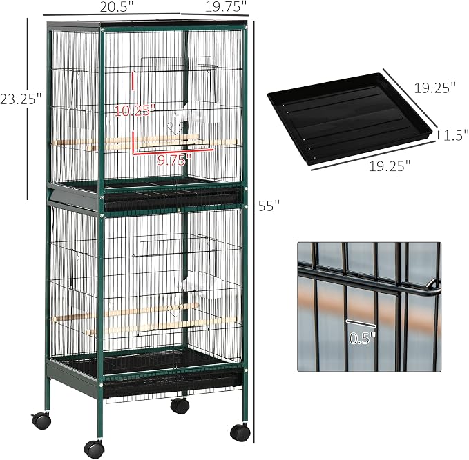 PawHut Large Bird Cage with 1.7 ft. Width for Wingspan, Bird Aviary Indoor with Multi-Door Design, Fit for a Canary, Finch, Conure, 55", Green | Bird Aviary Indoor, Multi-Door Design, Fit for a Canary, Finch, Conure - Image 7