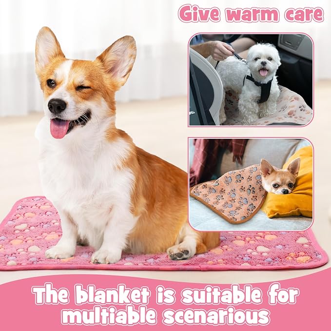 Tegeme 12 Pcs Pet Blankets 23 x 16 Inch Soft Fluffy Fleece Dog Cat Warm Paw Print Pattern Blankets Flannel Throw for Pets Dog Puppy Cat(Pink,Beige,Camel) - Image 4
