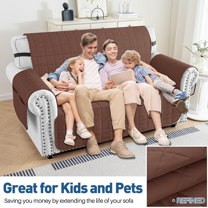 MAXIJIN Waterproof Love Seat Couch Covers 2 Cushion Sofa, 49" Quilted Loveseat Cover Slipcovers for Pets Dog Couch Cover Protector with Elastic Strap & Side Pocket (Loveseat, Coffee) - Image 2