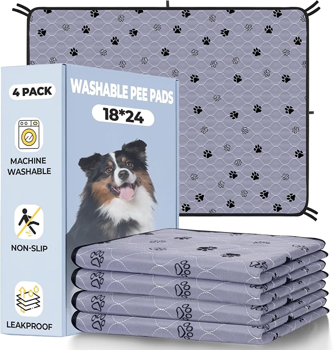 Fostanfly Washable Pee Pads for Dogs, Ultra-Absorbent, 18"x24"-4 Pack, Gray | Leak-Proof & Non-Slip, Reusable Potty Training Pads for Puppy, Playpen, Crate & Furniture With 8 Tie Straps by HOME