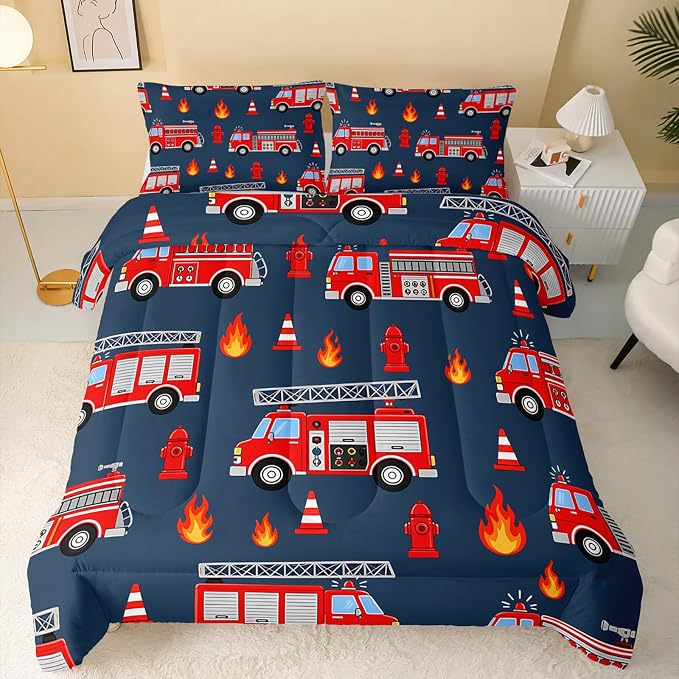 QOOMO Fire Truck Comforter Twin Size,Truck Kids Comforter Set,3Pcs Bedding Set Printed Comforter with 2 Pillowcases,Down Alternative,Soft and Lightweight,for All Seasons - Image 2