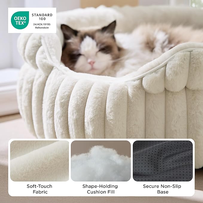 Bedsure ComfyFleece™ Washable Cute Cat Bed,Soft Round Kitten Bed,20in,Cream | Cozy Fluffy Plush Small Dog Bed,Donut Corduroy Cuddler Pet Beds for Small & Large Indoor Cats,Anti-Slip Bottom,Up to 15 Lbs - Image 3